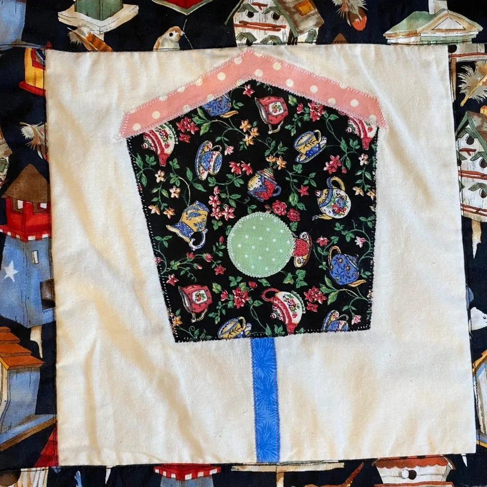 Birdhouses applique quilt wall‎ art embroidered polka dot floral 37x25